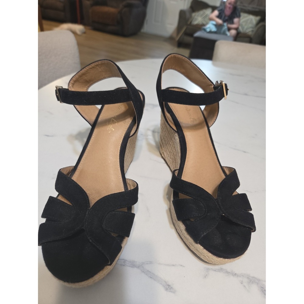 American Eagle Wedge Sandals Womens 7 Black Faux Suede Espadrille Ankle Strap